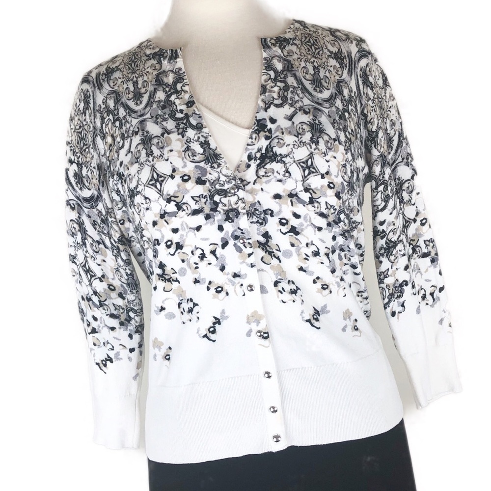 WHBM Cardigan Sweater Floral Sparkle Silver Snaps